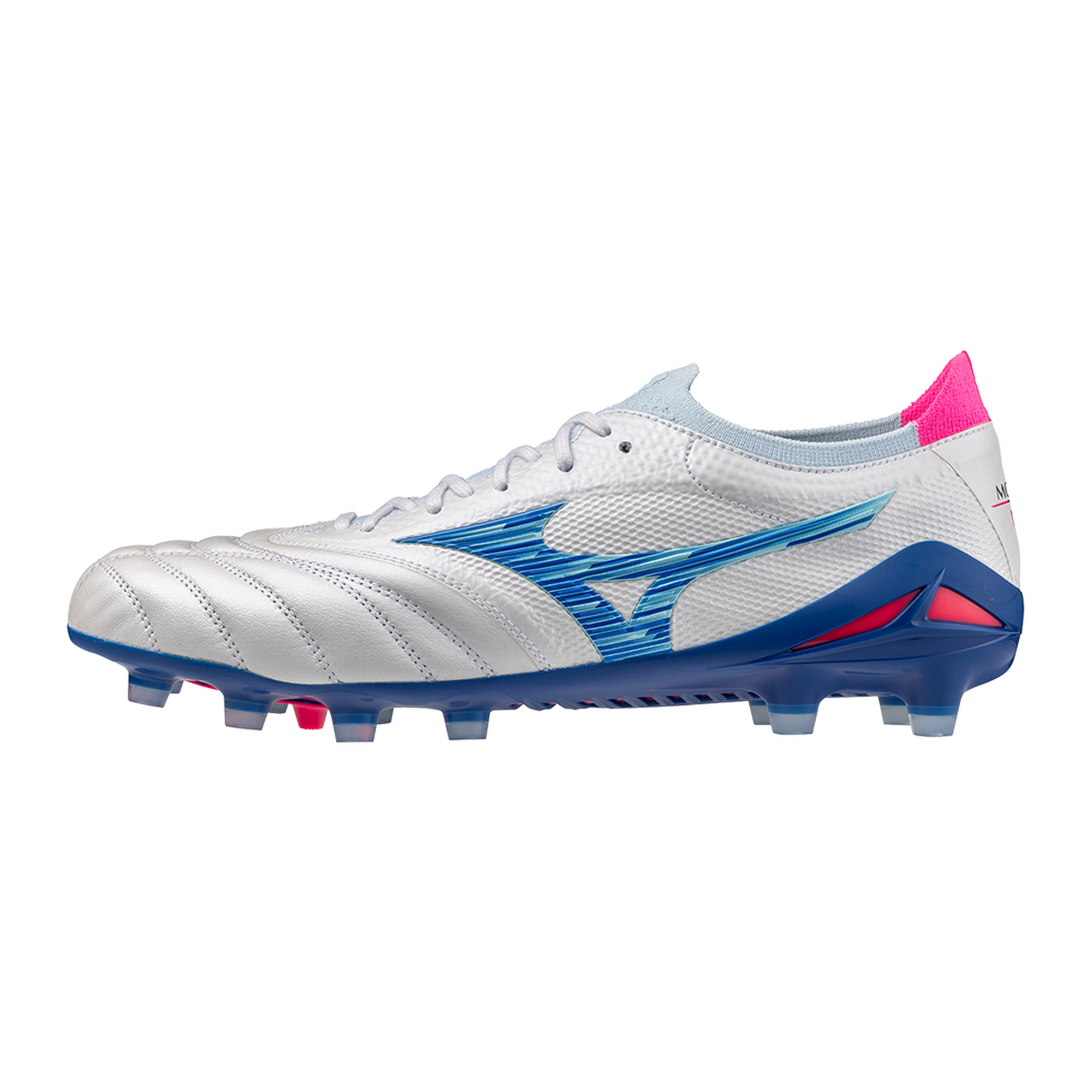 Mizuno Morelia Neo IV Beta Japan bianca e turchese su fondo bianco